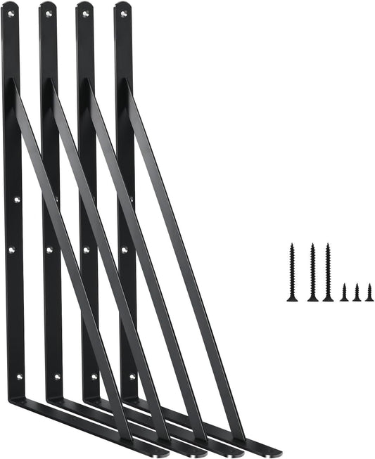 4 Pack L14 x H 10" Black Heavy Duty Shelf Brackets with Screws Metal Shelf Brackets Shelf Support Angle Brackets for Shelves L Brackets Heavy Duty Floating Shelf