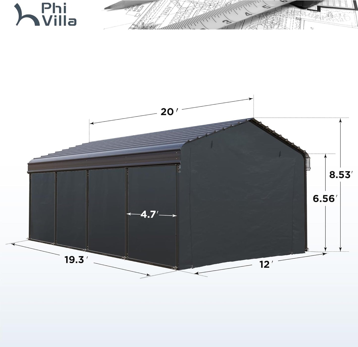 PHI VILLA 12 x 20 ft Carport Metal Carports with Galvanized Steel Roof with Sidewalls Enclosure Kit, Sturdy Heavy Duty Metal Carport for Cars, Boats, and Tractor