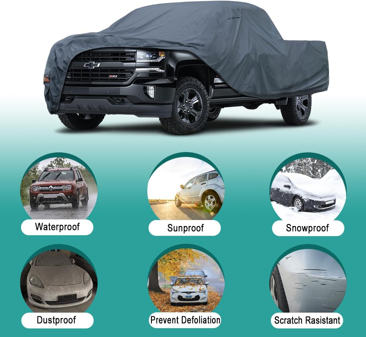 16 Layers Truck Cover Waterproof All Weater - See Vehicle Size Chart - Heavy Duty Outdoor Truck Pickup Cover for Ford F-150 F-250 F-350, Silverado, Nissan Titan. Length up to 242 inch.