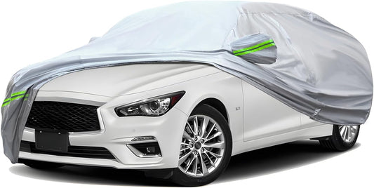 TUCAREST 6-Layers Premium Full Car Cover Hard Shell Zipper Design Waterproof All Weather Weatherproof UV Sun Protection Snow Dust Storm Resistant Outdoor with Straps (Fit for Sedan 178"- 189")