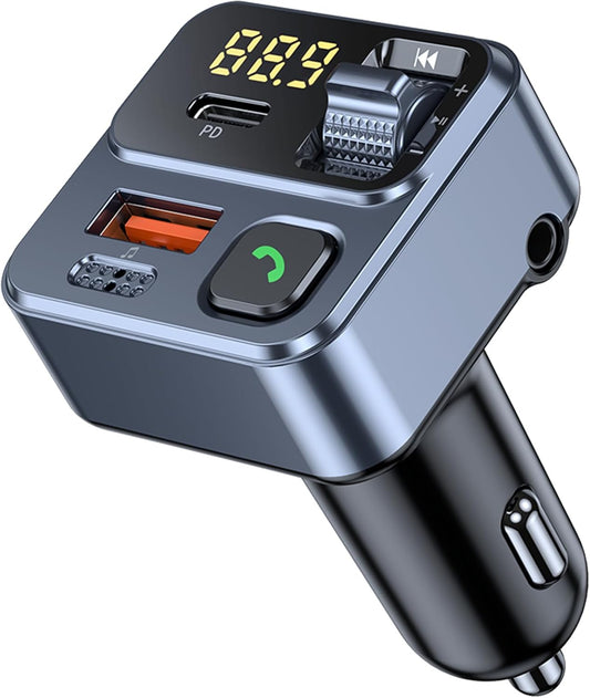KAIY FM Transmitter Bluetooth Car Adapter, Car Radio Bluetooth Transmitter HandsFree Calling Music Player, FM Radio Adapter 42W Type-C Fast Charging, Support USB Drive