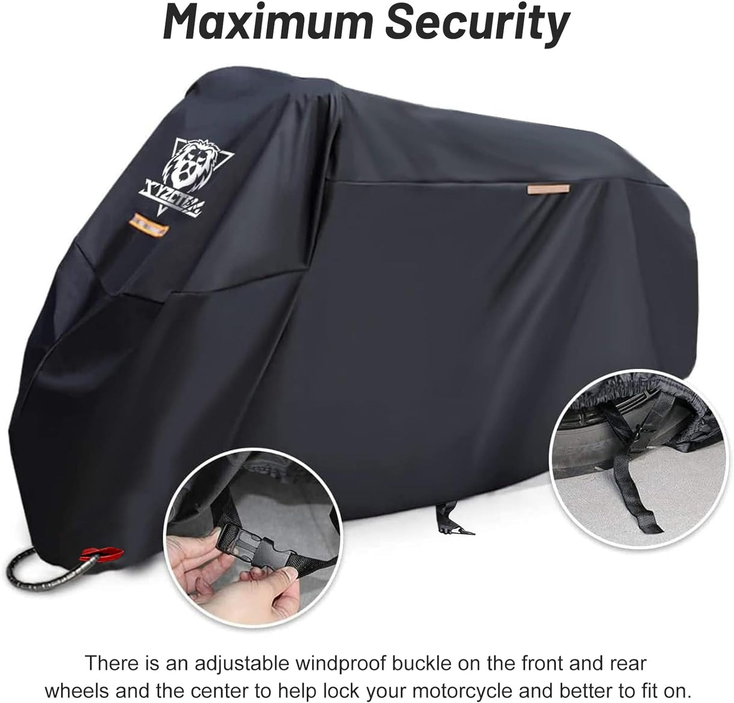 XYZCTEM Black Motorcycle Cover -Waterproof Outdoor Storage Bag,Fits up to 108" Motors,Made of Heavy Duty Material, Compatible with Harley Davison and All Motors,Professional Windproof Strap