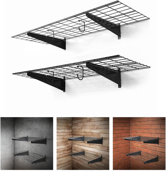 Fencer Wire 48 in. W x 18 in. D Wall Mounted Garage Wall Shelving w/ 2 Hooks, Black Wall Shelf, Heavy Duty Garage Wall Storage System, Garage Organizer Floating Shelves, 500lb Weight Capacity