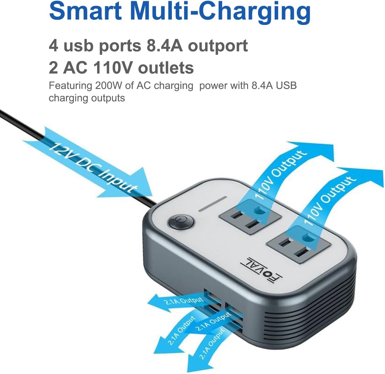 200W Car Power Inverter, FOVAL 12V DC to 110V AC Car Inverte with 4 USB Ports Car Outlet Adapter, Power Inverter for Vehicles, Car Plug Adapter Outlet for Laptop Computer Charger