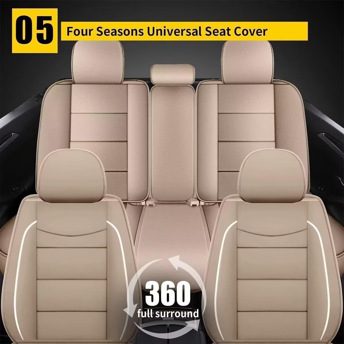 YORKNEIC Leather Car Seat Covers Fit for Hyundai Kona 2018-2025: 5 Seats Full Set Seat Covers - Waterproof Auto Seat Protector Compatible Airbag (Beige)