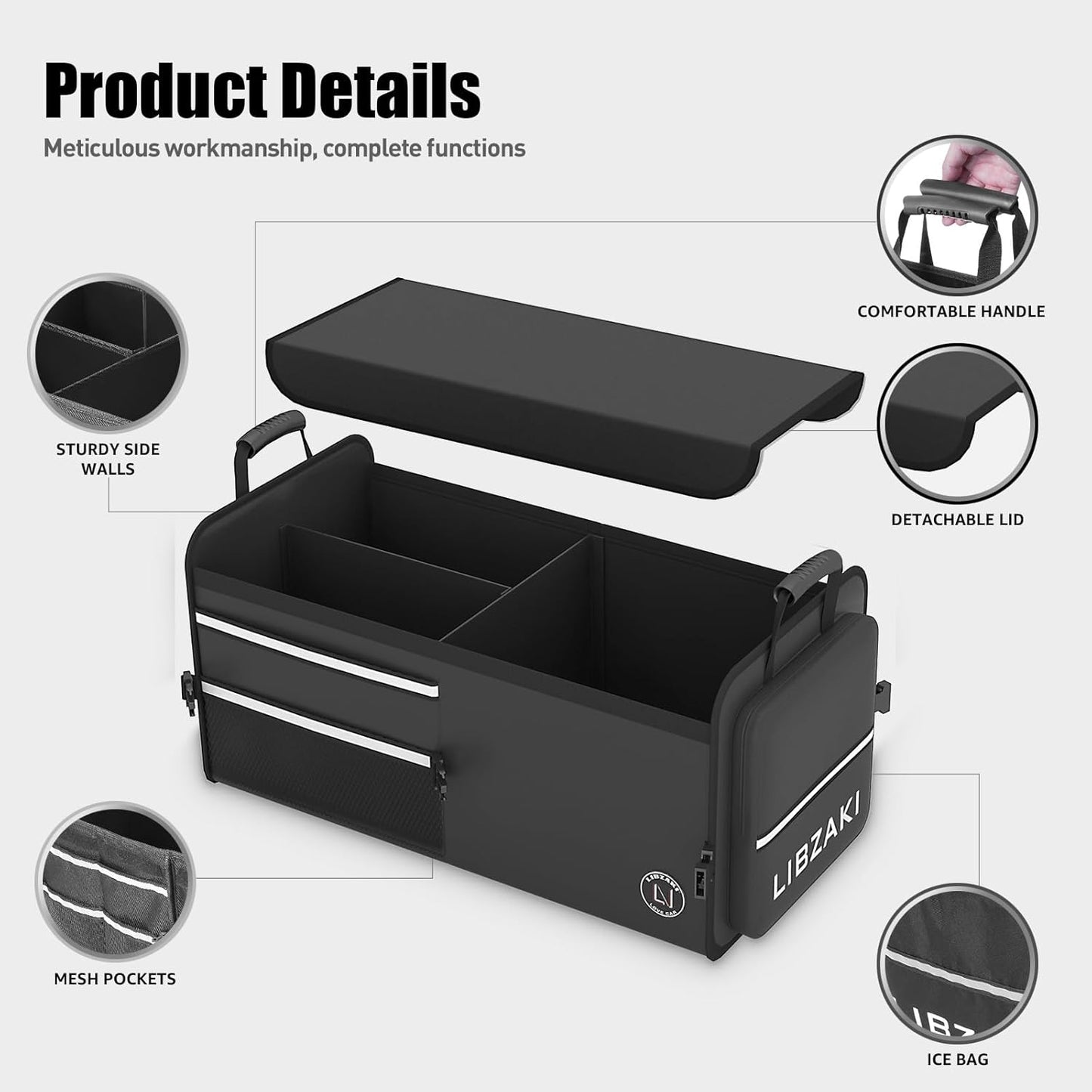 LIBZAKI Car Trunk Storage Organizer, Multi Compartment Collapsible Trunk Storage Box for Car Truck SUV-Black