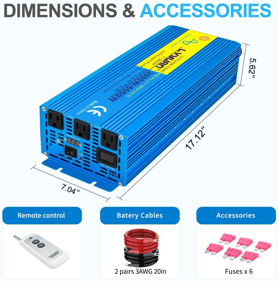 LVYUAN 3000 Watt Pure Sine Wave Inverter 12V to 110V 120V DC to AC with 3 AC Sockets, LED Display, Wireless Remote Control, Car Power Inverter for Vehicles Home RV Camping Truck Solar System