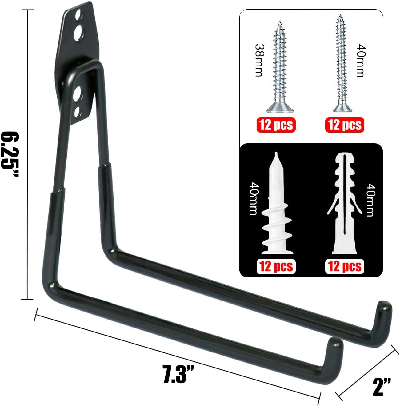 WMK 7.3'' Heavy Duty Garage Hooks, 6 Pack Wall Mount Garage Storage Hooks for Hanging Bike, Ladder, Tools - 100LB Load Capacity, Triple-Welded, PVC Coated (Black)