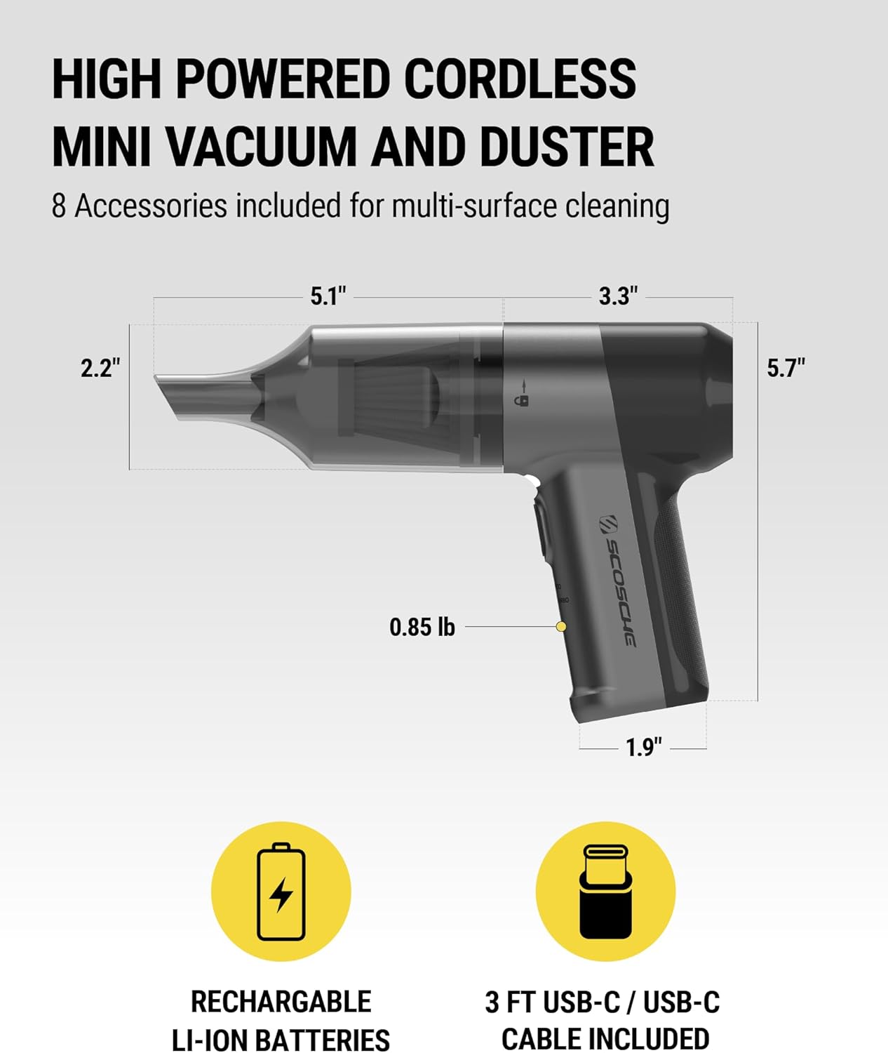 Scosche SCOVAC Cordless Handheld Vacuum Cleaner with Inflator, Deflator & Air Duster, 4-in-1 Small, High Power, Rechargeable and Portable Hand Held Vacuum for Car, Home, Office, Pet Hair