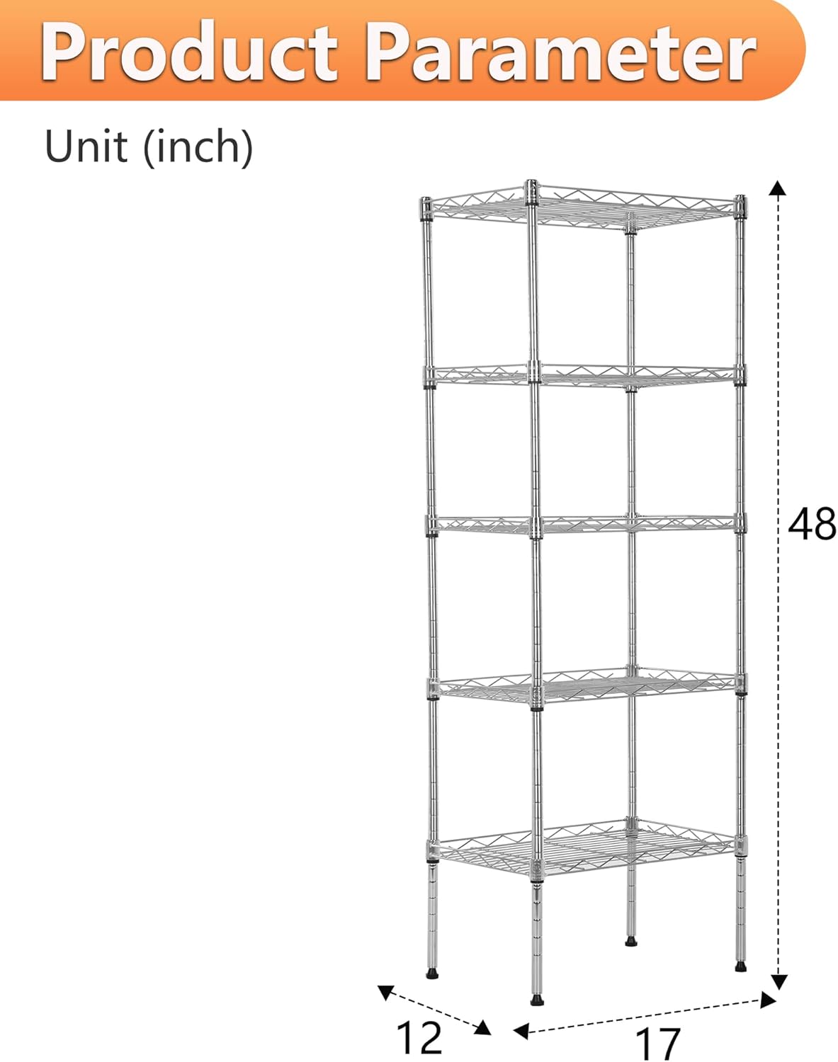 BestOffice 5 Tier Garage Shelving Heavy Duty Metal Shelves 17”D x 12”W x 48”H Easy Assemble Storage Shelves NSF Certified Wire Shelving with Leveling Feet for Garage Home Office, Chrome