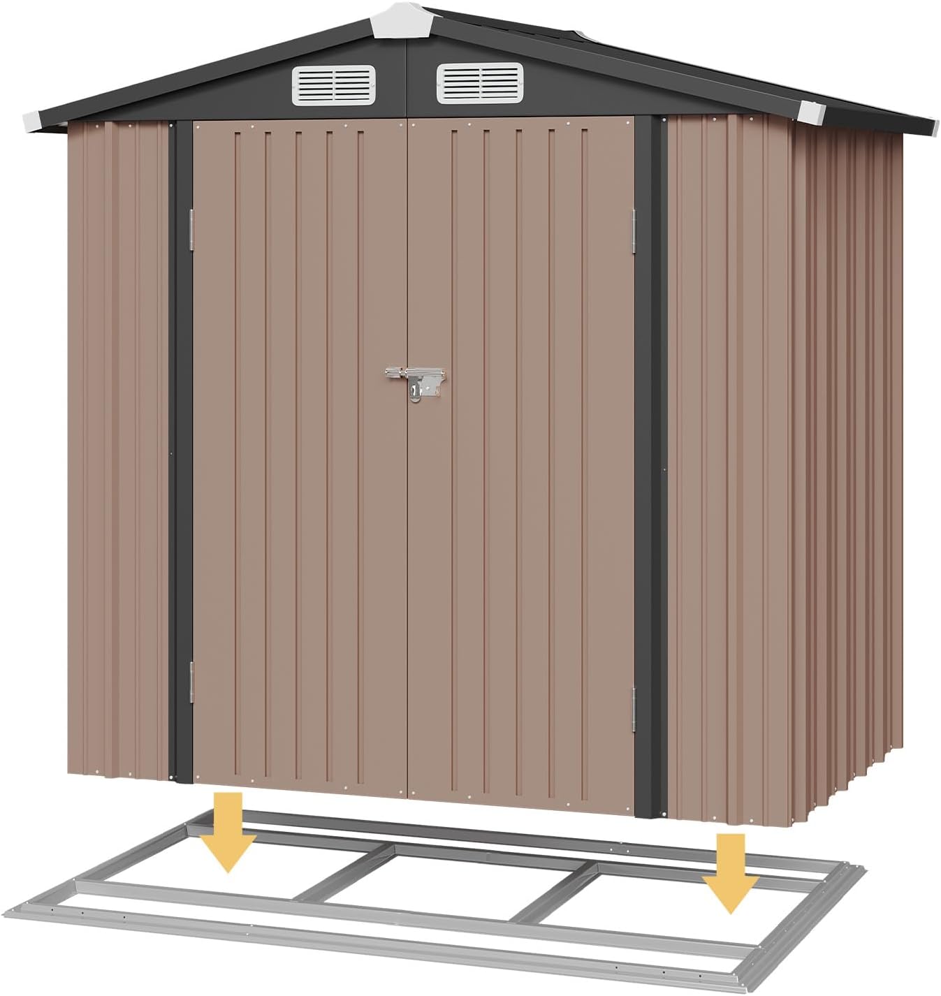 Aoxun 6x3.9 FT Shed with Base Metal Outdoor Storage Shed Garden Shed with Lockable Doors Tool Shed Bike Shed for Backyard, Patio, Poolside (Brown)