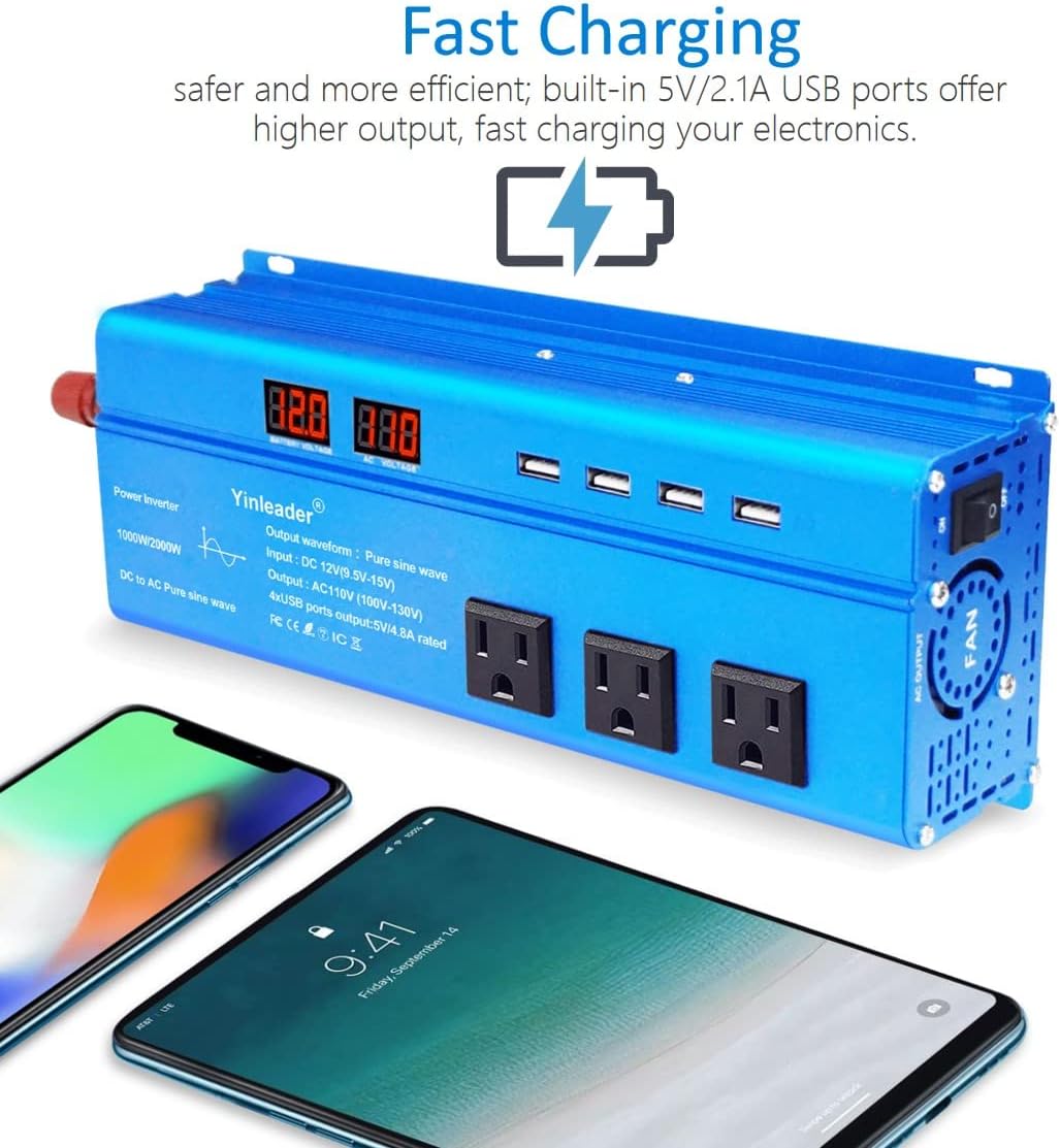 Yinleader 1000 Watt Pure Sine Wave Inverter 12V to 110V DC to AC Car Power Inverter for RV, Road Trip, Camping, Travel, 3 AC Outlets and 4 Built-in 5V/4.8A USB Ports, LCD Display, Blue
