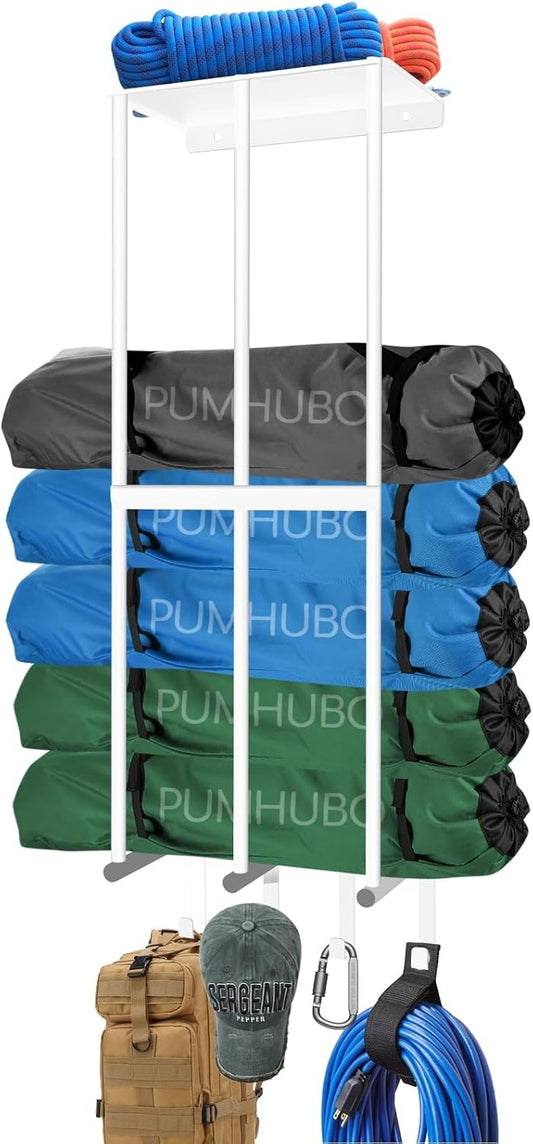 Camping Chair Wall Storage for Garage - Metal Beach Lawn Chair Rack, Garage Storage and Organization Shelves, Wall Mounted Umbrella Storage Rack Holder with Floating Shelf and 4 Hooks White