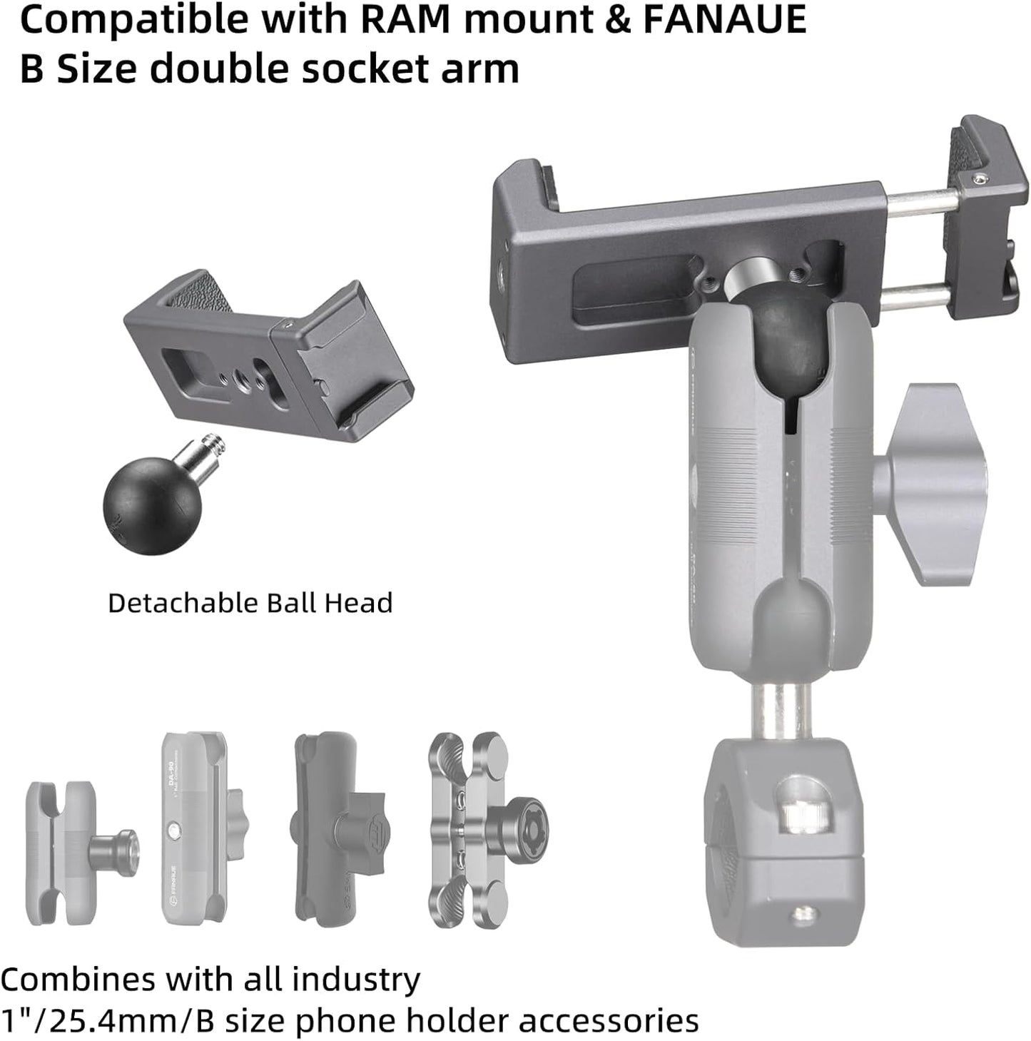 FANAUE Aluminum Phone Holder with 1" Ball Head Adapter - Universal RAM Mounts B Size Compatible, Double Socket Arm Design for Motorcycles/Bikes/ATVs/Cars/Trucks - Secure 360° Rotation