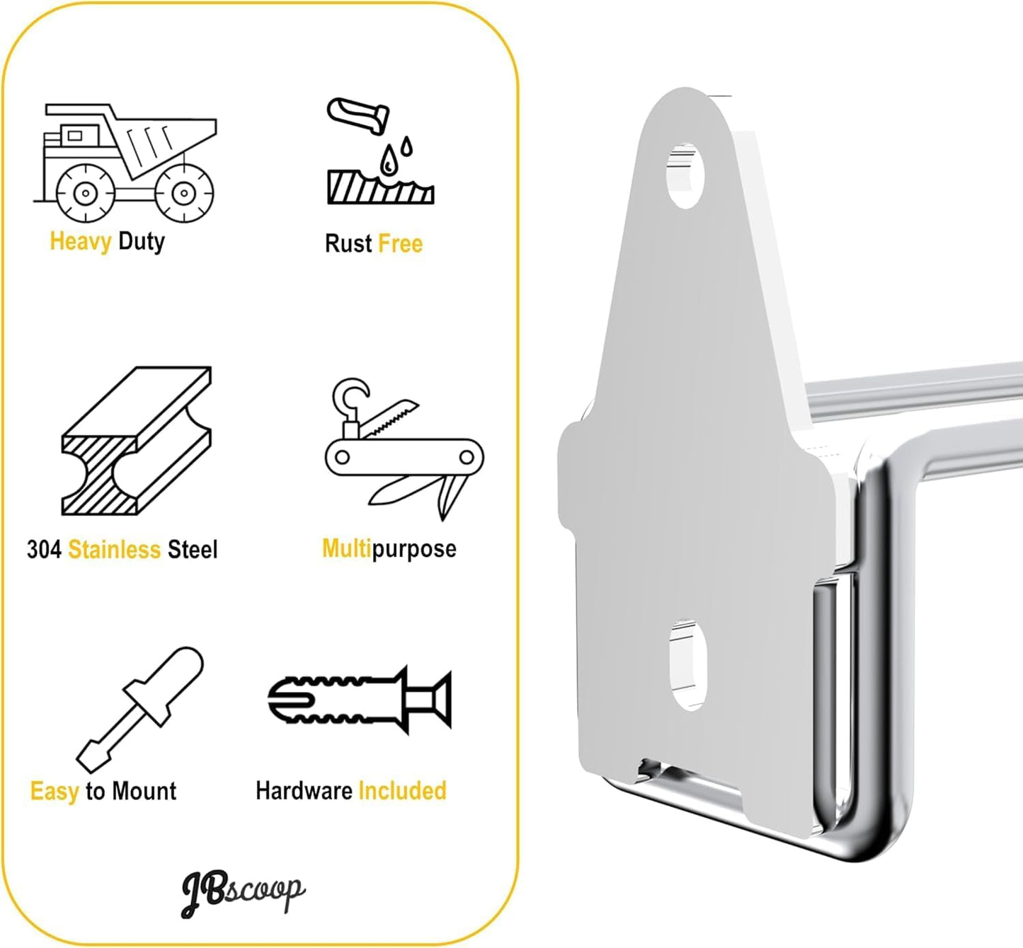 JBscoop 4 Stainless Steel 304 Garage Hooks, Heavy Duty Organizer & Wall Mount Hanger Rack for Tools, Equipment, and More, Rust-Resistant & Durable