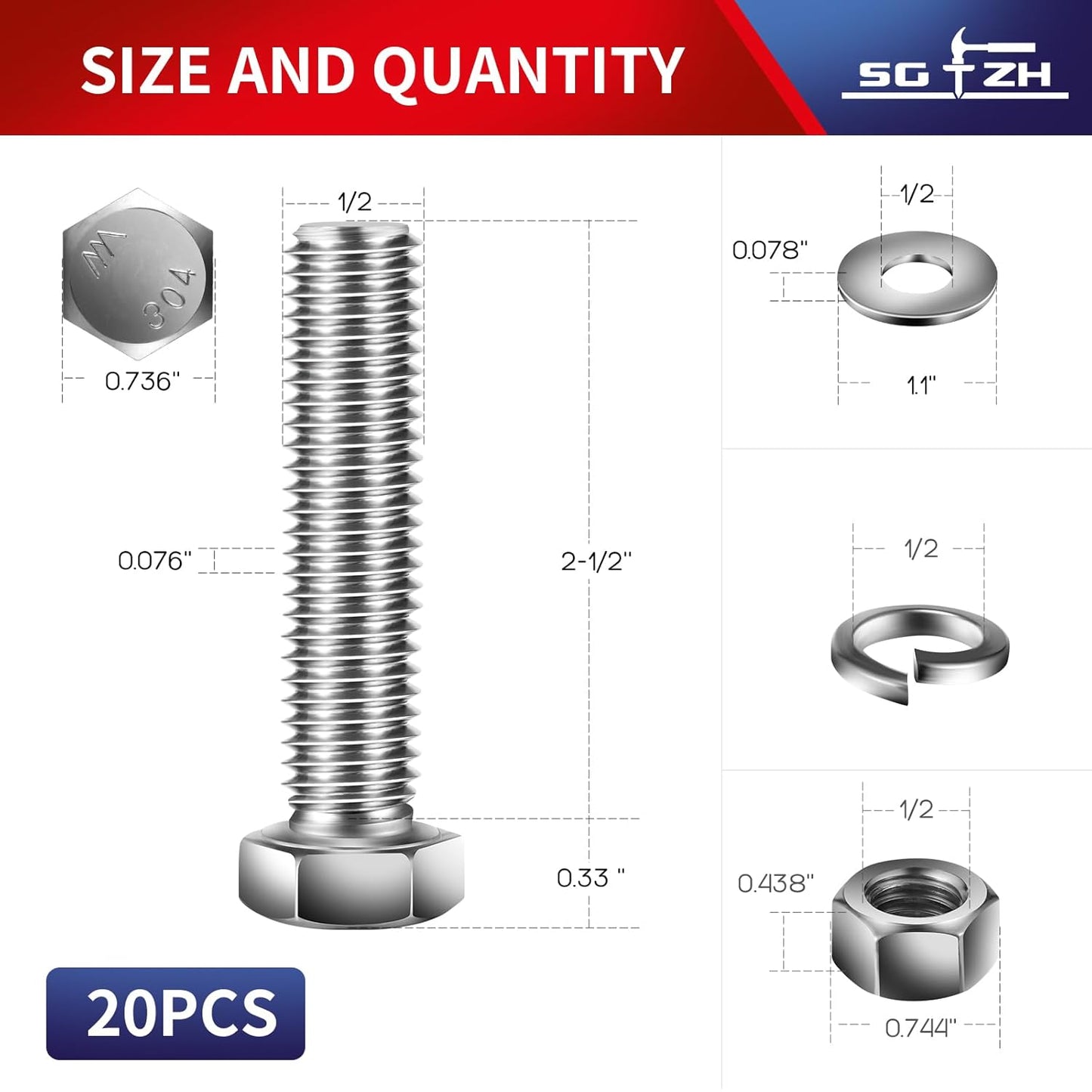 1/2-13 x 2-1/2" Hex Head Screw Bolt, Nuts, Flat & Lock Washers, 20Pcs 18-8 (304) Stainless Steel, Fully Threaded, by SG TZH
