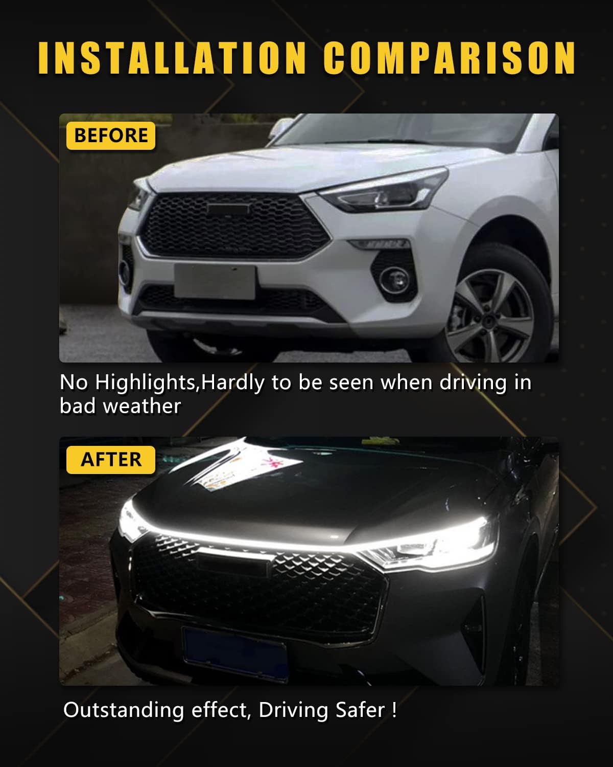 YM E-Bright Led Hood Light Strip Exterior Car Led Strip Light Waterproof Flexible DRL Dynamic Scan Start Up Hoodbeam Kit Daytime Running Lights for Car,Truck,SUV,12V 59inch,White,1 Set