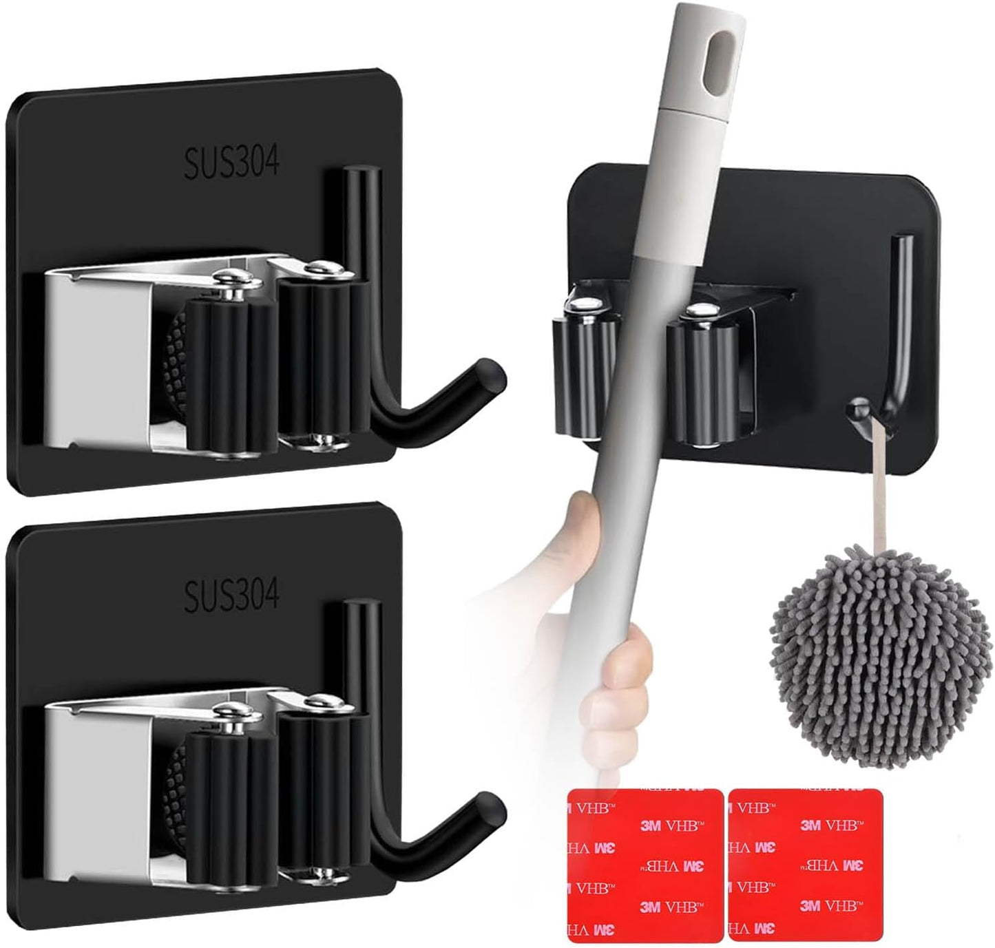 Stainless Steel Mop and Broom with Hook, Heavy Duty Rust Resistant Self Adhesive Mop and Broom Holder Wall Mount for Bathroom, Kitchen, Office, Garden, Garage, With 3M VHB Sticky Pads