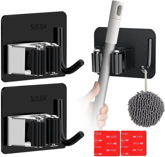 Stainless Steel Mop and Broom with Hook, Heavy Duty Rust Resistant Self Adhesive Mop and Broom Holder Wall Mount for Bathroom, Kitchen, Office, Garden, Garage, With 3M VHB Sticky Pads