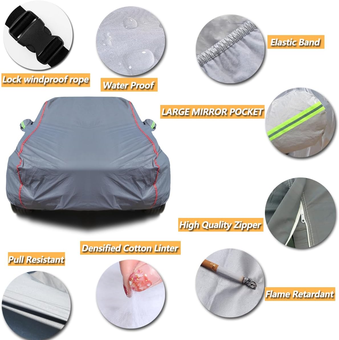 AUQDD 6-Layers PEVA New Material Sedan SUV Full Padded Car Cover Waterproof All Weather Weatherproof UV Sun Protection Snow Dust Storm Resistant Outdoor Exterior Custom Form-Fit Straps 198"-208" Grey
