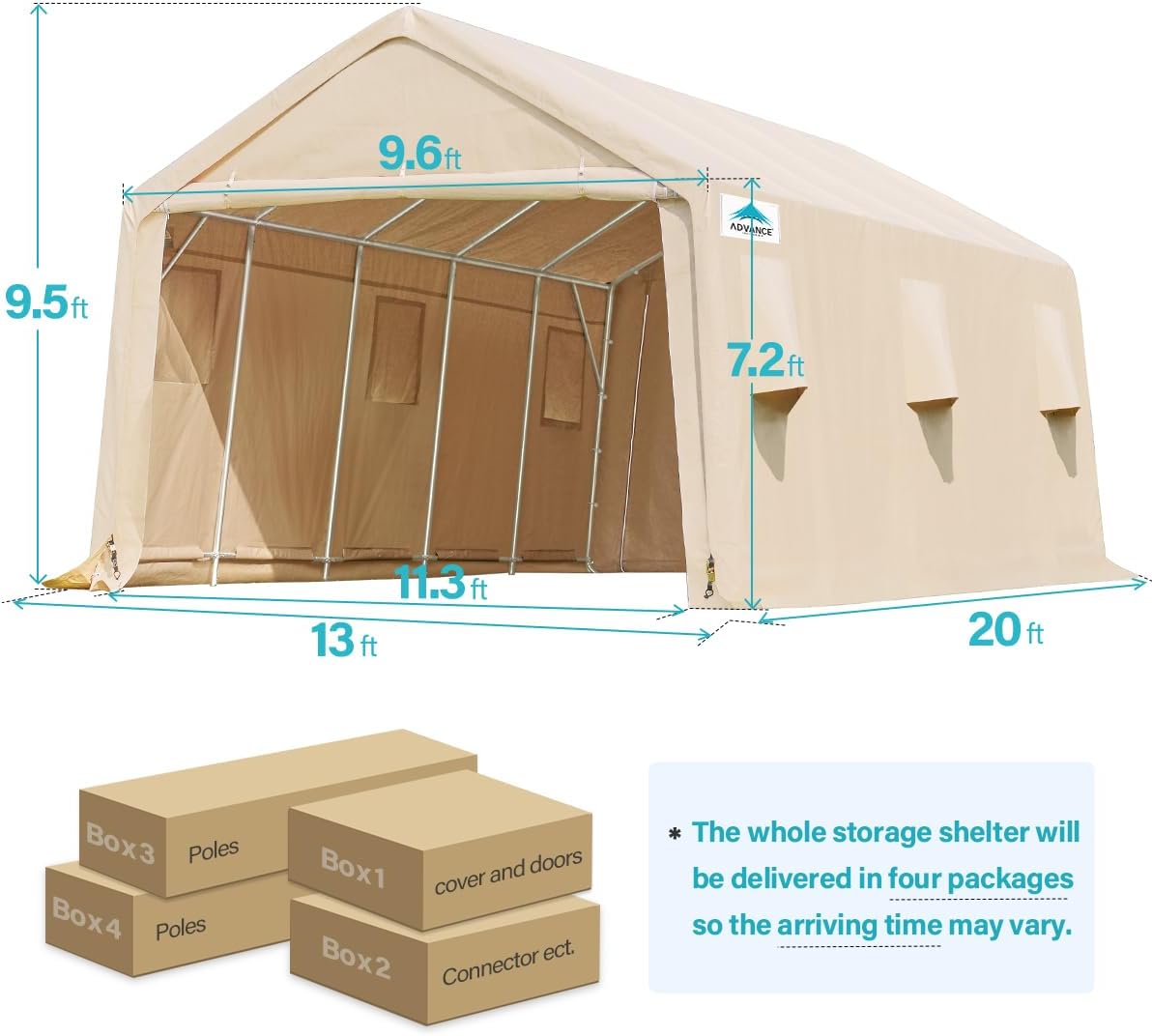 ADVANCE OUTDOOR 13x20 ft Garage Tent Carports with 2 Roll up Doors & Vents Outdoor Portable Storage Shelter for Vehicle Truck Boat Anti-UV Snow Resistant Waterproof, Beige