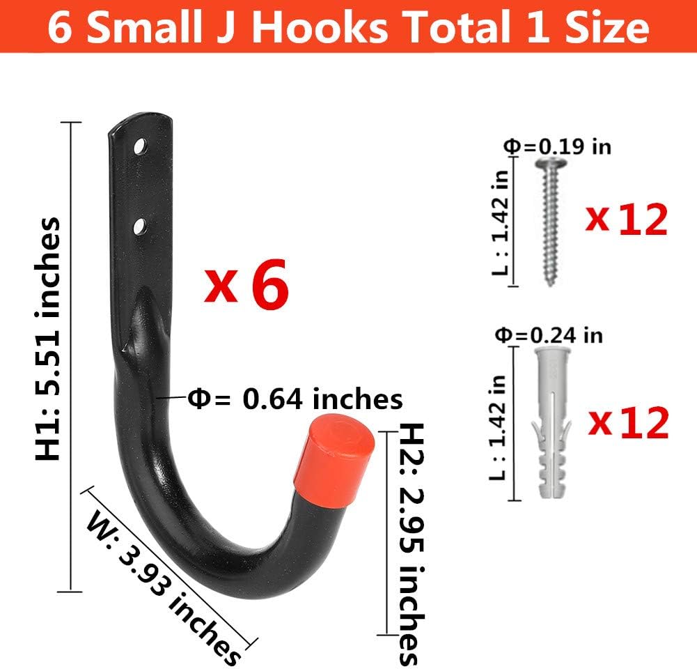 Wall Mount Utility Hooks Heavy Duty Steel Garage Storage Hanger Multi-Tools Holder Hanging Organizer (6 Pcs Black 4" Small J Hook)