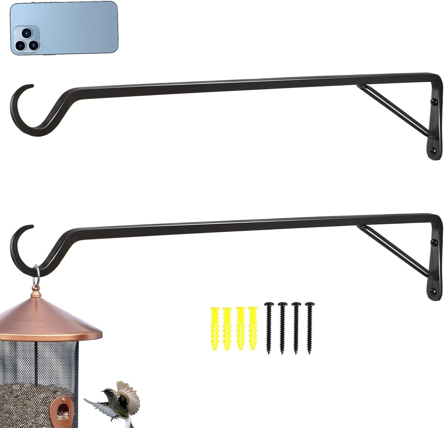 2 Pack Extra Long 23 Inch Heavy-Duty Rust-Resistant Solid Steel Plant Hangers and Bird Feeder Hangers for Indoor and Outdoor Decor, Wall Hooks