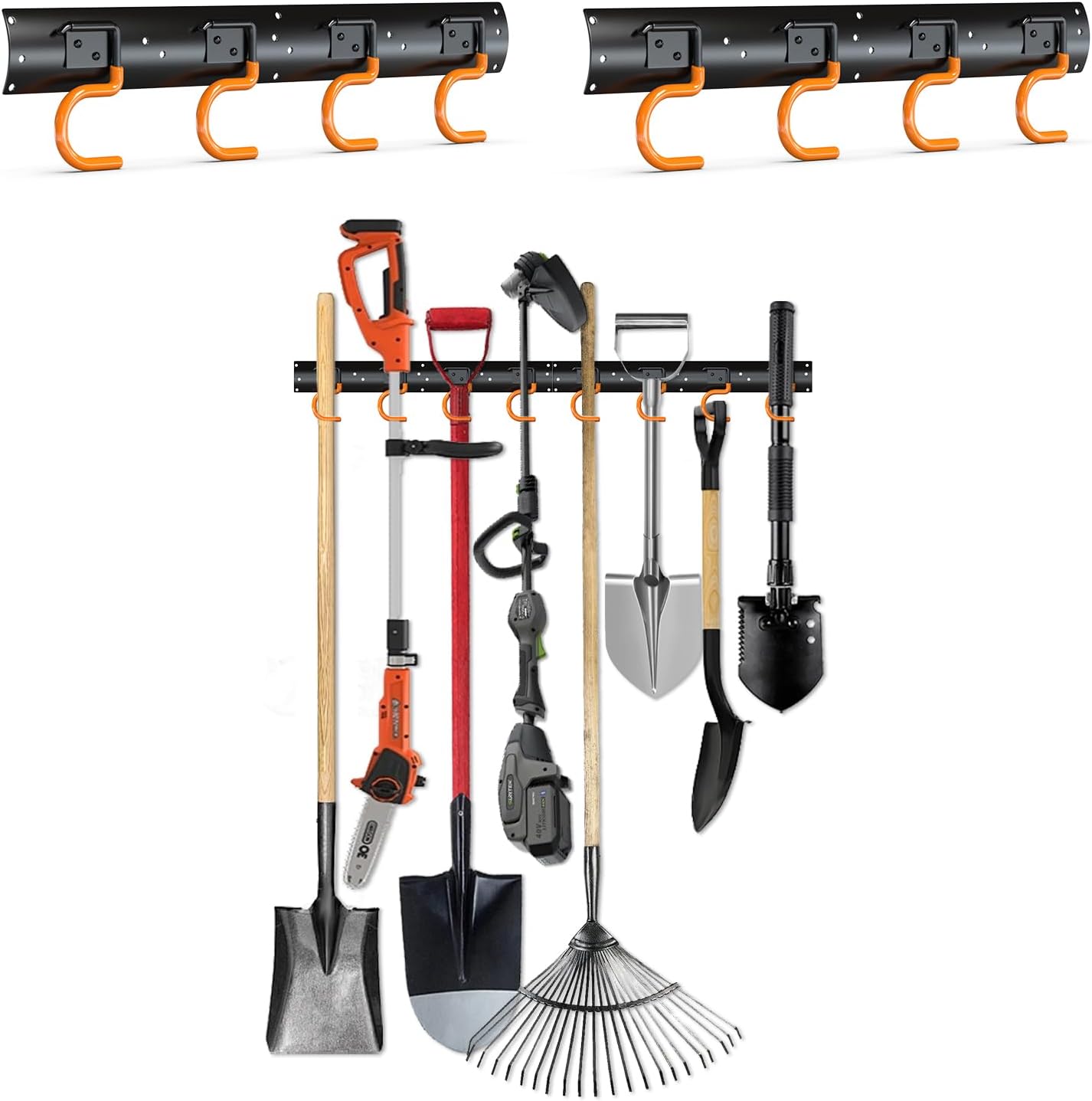 3-H 2×16" All Metal Garden Tool Organizer, Garage Tool Organizer, Broom Holder Wall Mount for Garage, Shed, Garden, Basement Hanging and Organizing Rake, Mop, Shovel, Hose
