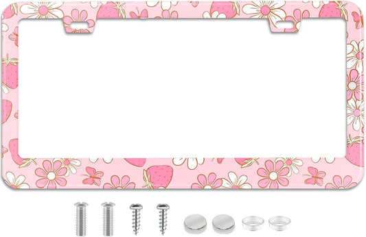 Flowers License Plate Frame Car Universal Stainless Steel Accessories with 2 Holes and Screws Fit for US Vehicles Size 12 x 6 Inches (Pink Butterfly Strawberry Floral, 2)