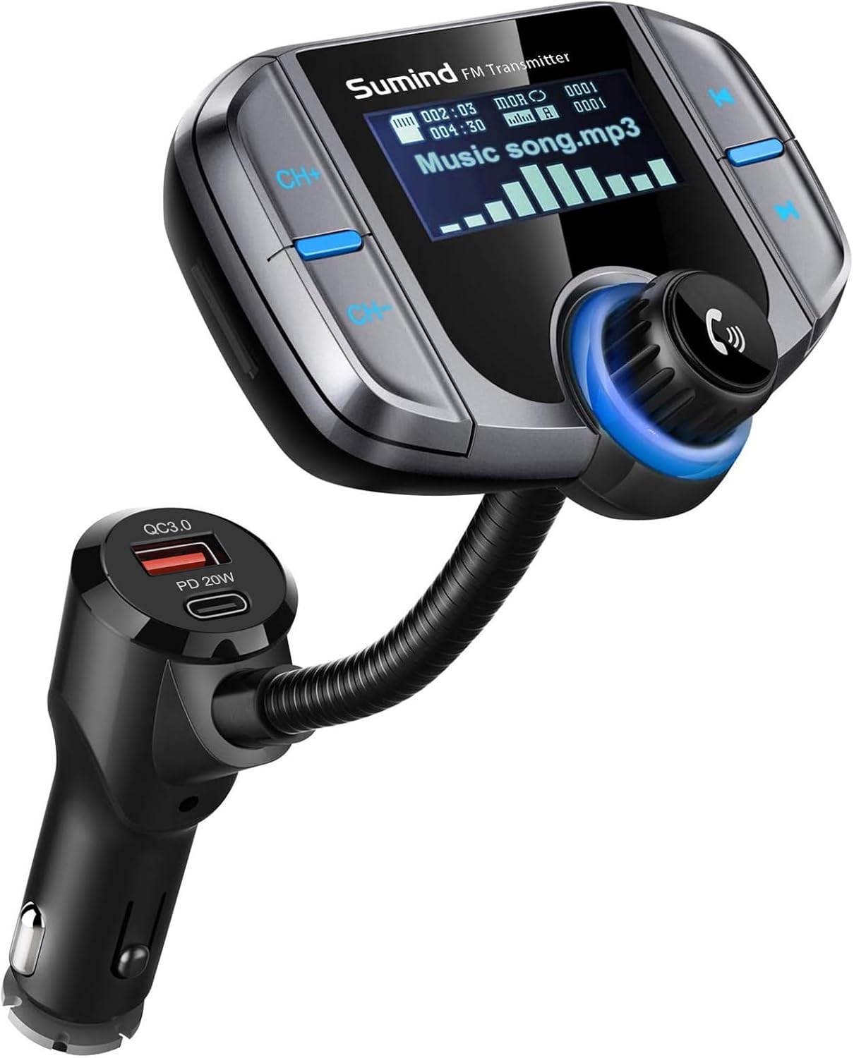 Upgraded Bluetooth FM Transmitter, Wireless Radio Adapter Hands Free Car Kit with 1.7'' Display, QC3.0 and Smart 2.4Amp Dual USB Ports, AUX Input/Output, TF Card Mp3 Player (PD, Sliver Grey)