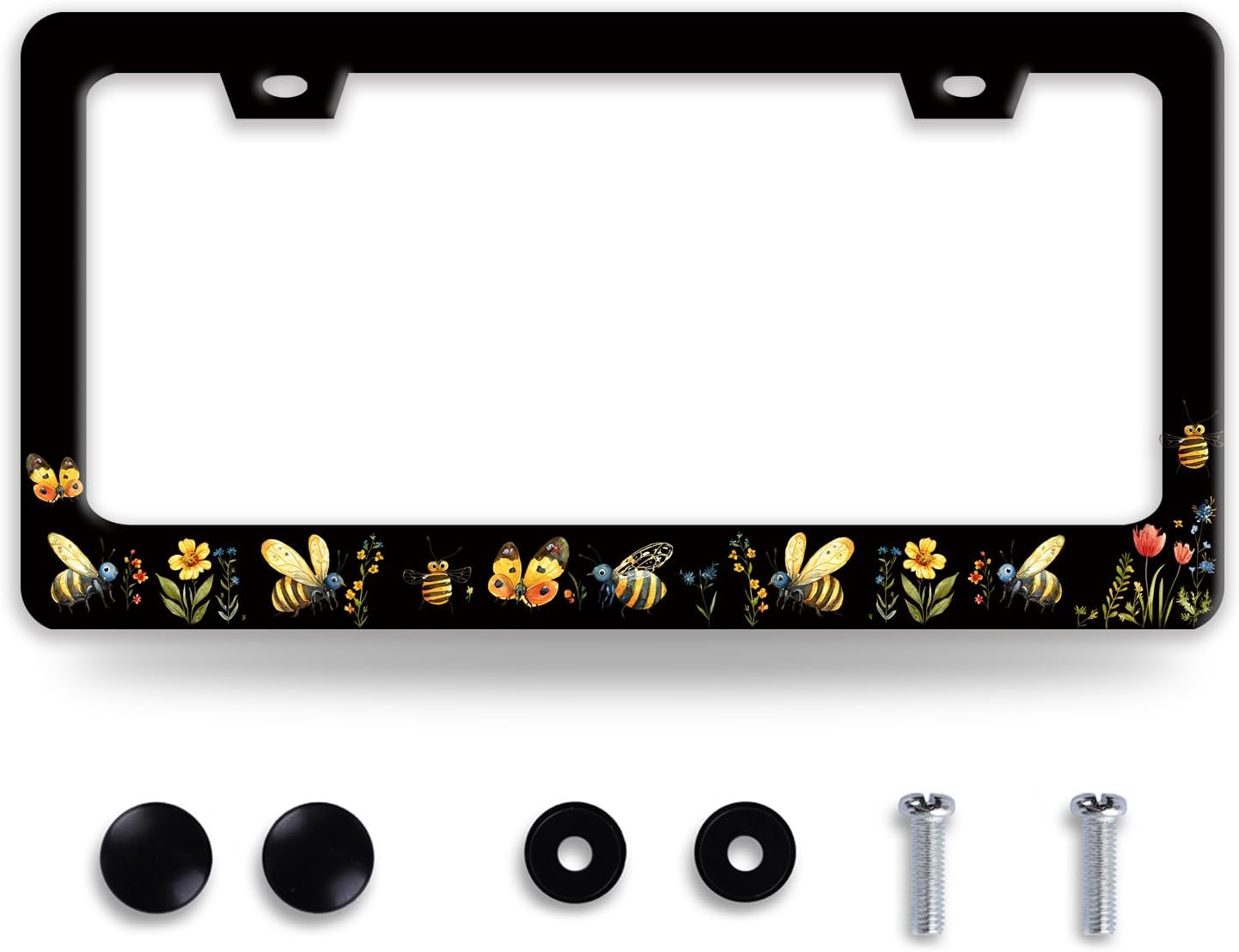 Queen Bee License Plate Frame Beautiful Butterfly Flower License Plate Holder Funny Stainless Steel Accessories Cars Decor with 2 Holes and Screws Fits Standard Us Ca Vehicles 12.2 X 6 Inch
