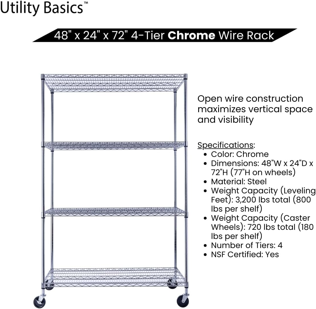 48"x24"x72" Chrome Premium Metal Steel Wire Shelving 4-Tier NSF 3200 LBS MAX Capacity Heavy Duty Storage Rack for Garages, Commercial Spaces, Hospitals, & Schools w/Premium Wheels