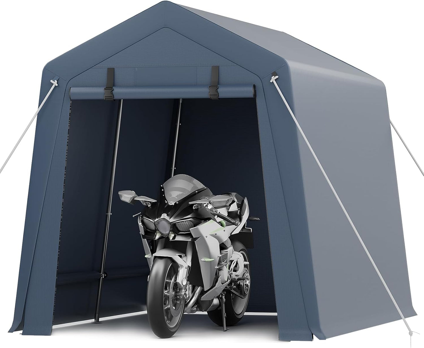 7*12F Outdoor Storage Shed with Floor, Heavy Duty Waterproof PE Tarp, Portable Metal Carport Garage Tent, 2 Roll-Up Doors & Vents, for Motorcycle and Bike Storage, Garden Tool Shed, Small Outdoor Shed