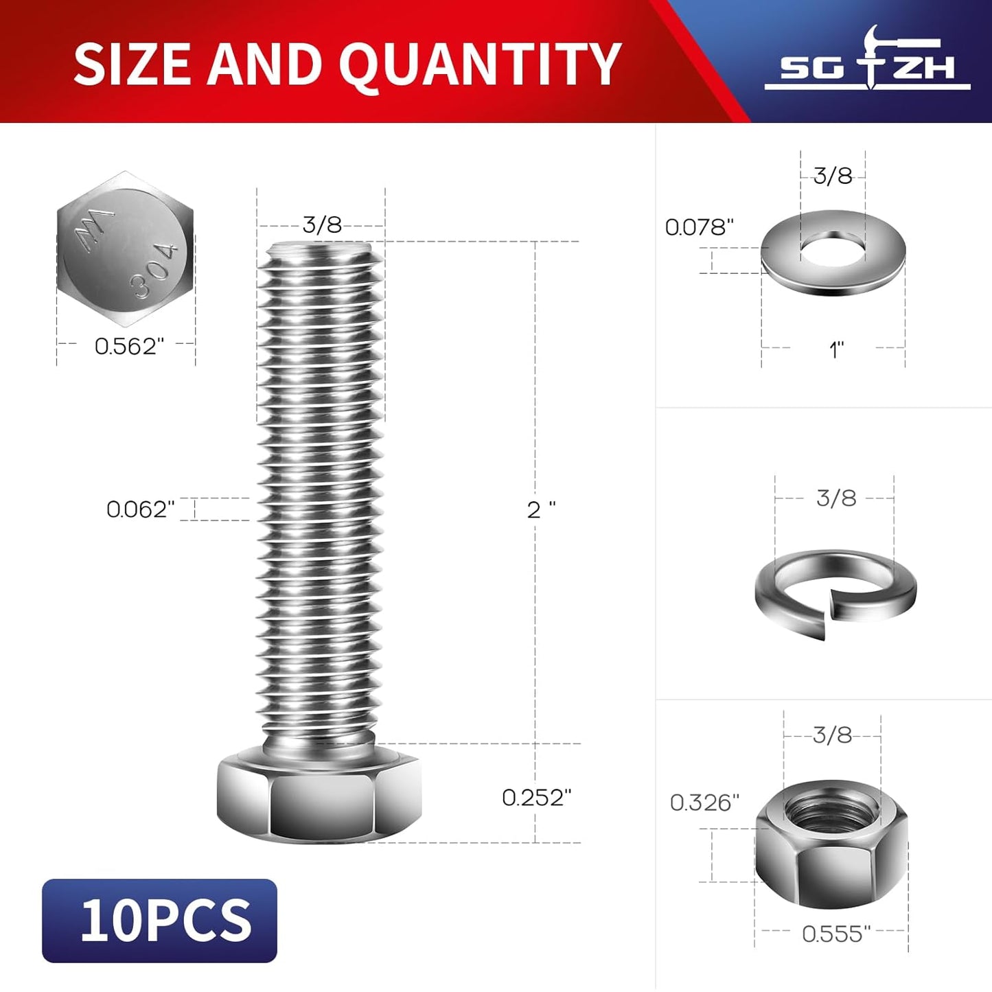 3/8-16 x 2" Hex Head Screw Bolt, Nuts, Flat & Lock Washers, 10Pcs 18-8 (304) Stainless Steel, Fully Threaded, by SG TZH