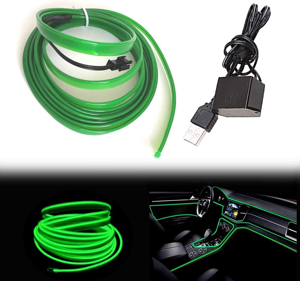 El Wire Green Interior Car LED Strip Lights, 3M Neon Wire USB 5V with Fuse Protection for Automotive Interior Decoration, with 6mm Sewing Edge