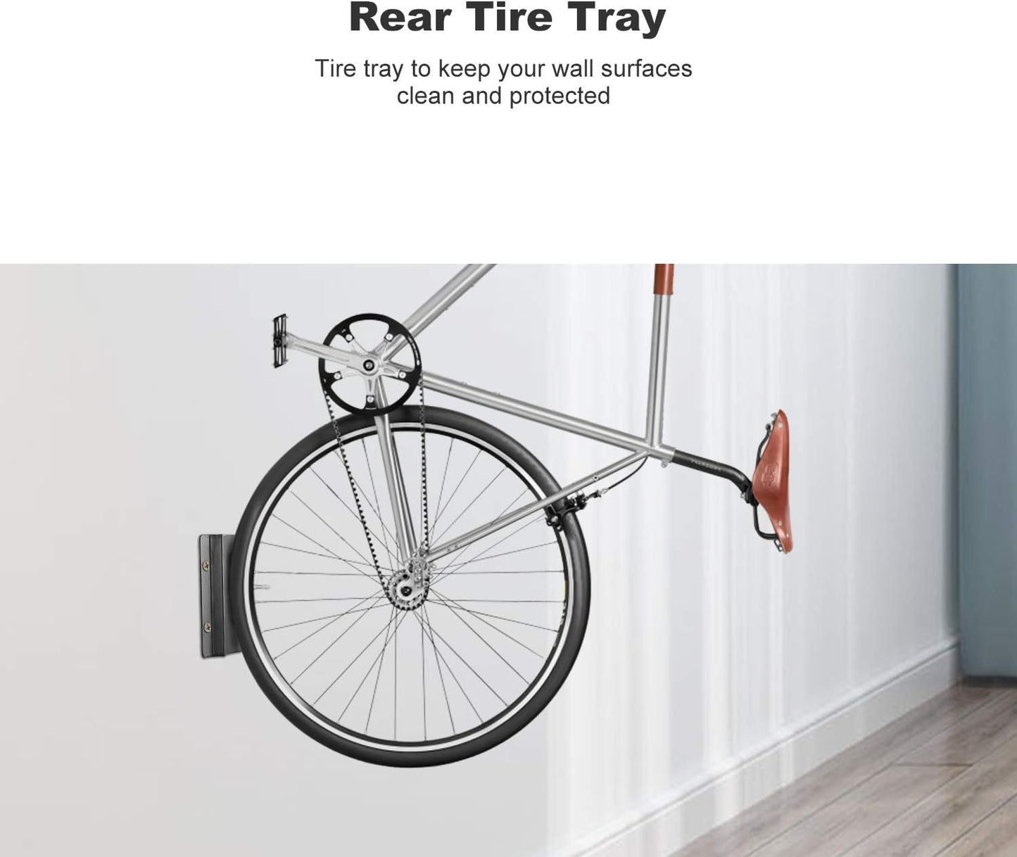 Todeco Bike Wall Mount Rack with Rear Tire Tray, Vertical Bike Hooks Storage Indoor Saving Space for Garage, Shed, Great for Hanging Road, Mountain or Hybrid Bikes,2-Pack