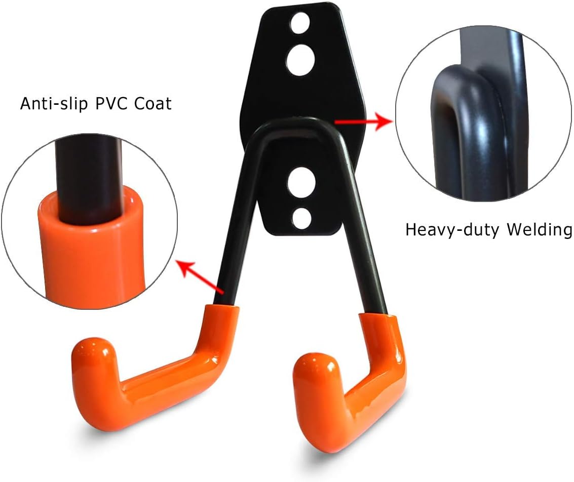 2 Pack Garage Storage Utility Hooks，Garage Garden Tool Organizer，Steel Wall Mount Hooks, Garden Small U Hooks (Black) (Orange)