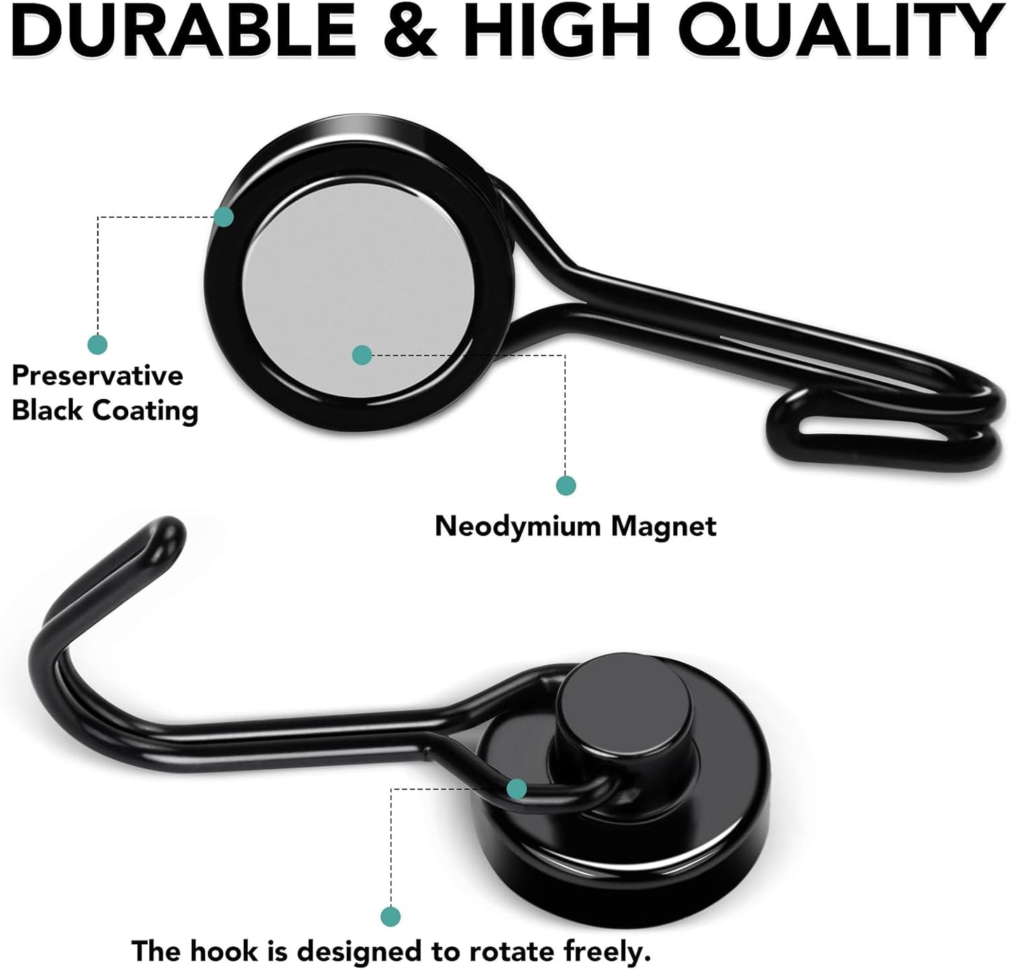 MIKEDE Magnetic Hooks 4 Pack, 40Lbs Heavy Duty Neodymium Magnet Hooks Black Magnetic Swivel Hooks for Hanging, Rust Proof Strong Magnets with Hook Magnetic Metal Hanger for Storage
