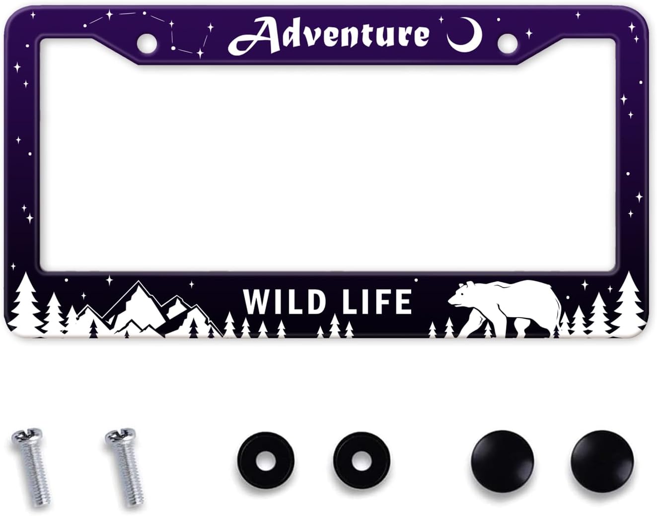Adventure Awaist License Plate Frame, Mountains Forest Bear Tag Plate Frame Holder Cover, Metal Aluminum Rustproof Car Accessories with Screw Caps, Great Gift for Hiking Outdoor Sports Enthusiasts