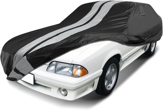 iCarCover Custom Car Cover Compatible with Mustang 1979-2004, Waterproof All Weather Rain Snow UV Sun Protector Full Exterior Indoor Outdoor Car Covers, Stripe (Black/Gray)