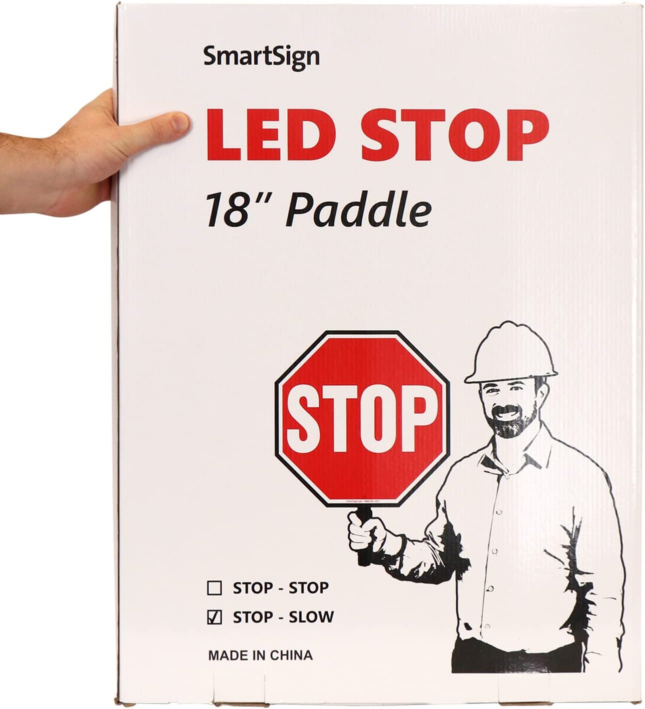 SmartSign LED STOP SLOW Paddle - Reflective Hand Held Stop Slow Sign with Handle, 18" Double-Sided, Steady/Flashing LED Light Modes, Rechargeable, Pack of 1