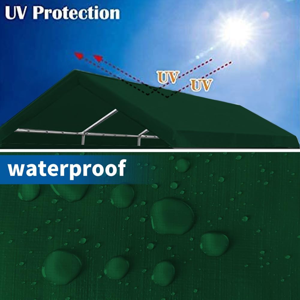 10'x20' Upgraded Carport Replacement Top Canopy Cover for Car Garage Shelter Tent Party Tent with Ball Bungees Green (Only Top Cover, Frame is not Included)