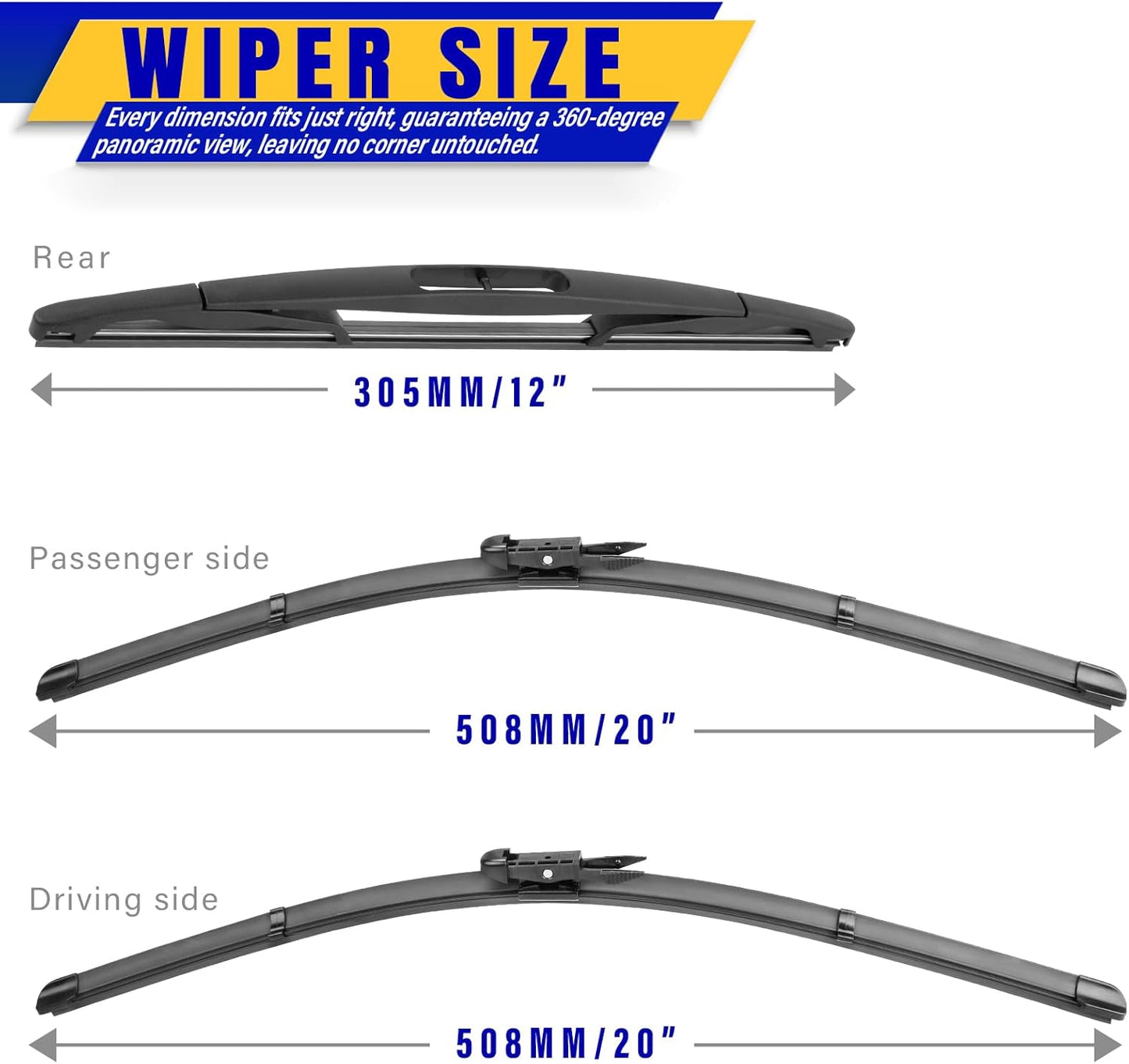 3 wipers Replacement for 2008-2012 Ford Escape, Windshield Wiper Blades Original Equipment Replacement - 20"/20"/12" (Set of 3) Pinch Tap