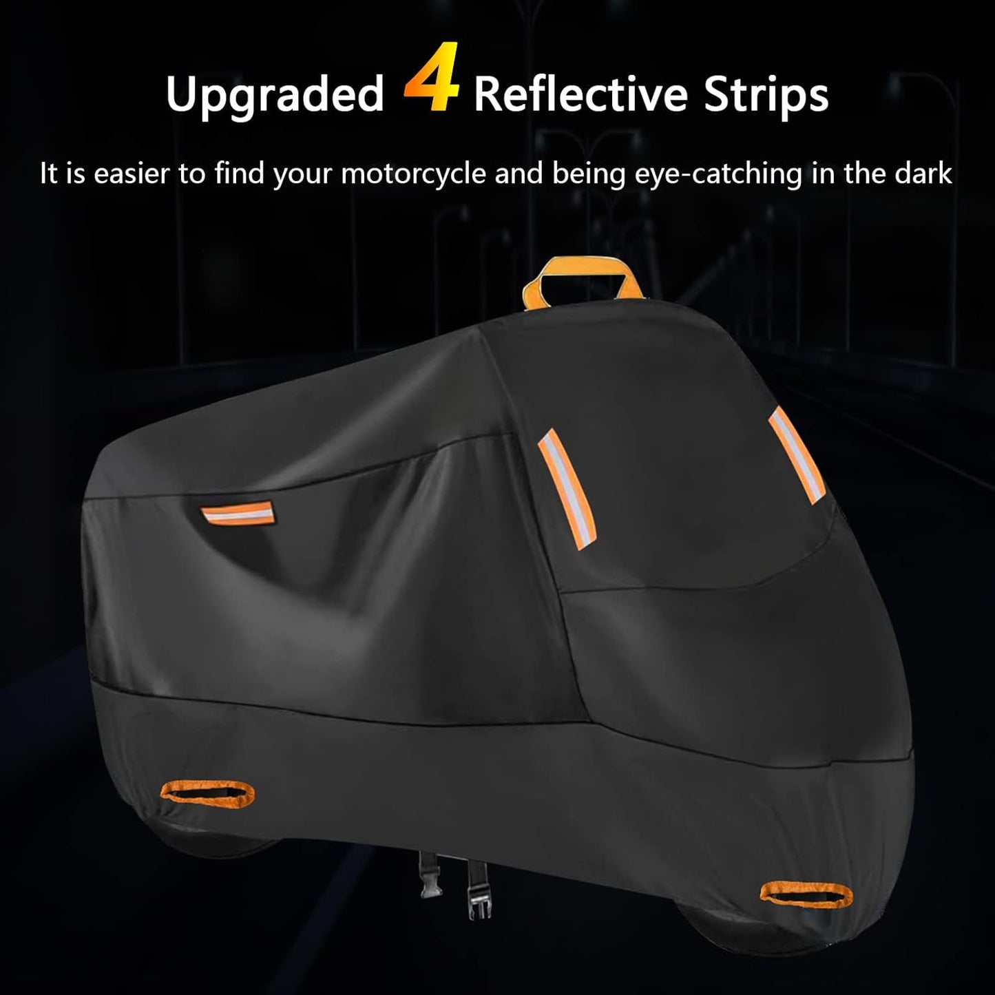 300D Heavy Duty Motorcycle Cover, SECELES All Season Durable Waterproof Outdoor Protection Scooter Cover 4 Reflective Tape Lock-Holes fits up to 86" Yamaha Honda Harley Suzuki (XXL: 86" x 37" x 50")