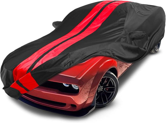 iCarCover Custom Car Cover Compatible with Challenger 2008-2024, Waterproof All-Weather Rain Snow UV Sun Protector Full Exterior Indoor Outdoor Car Covers, Stripe (Black/Red)
