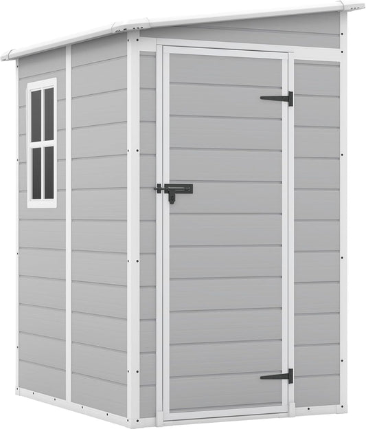 Patiowell 5x4 FT Outdoor Storage Shed, Resin Storage Shed with Floor & Lockable & Window Door for Patio Furniture, Garden Tools and Bicycle, White & Grey