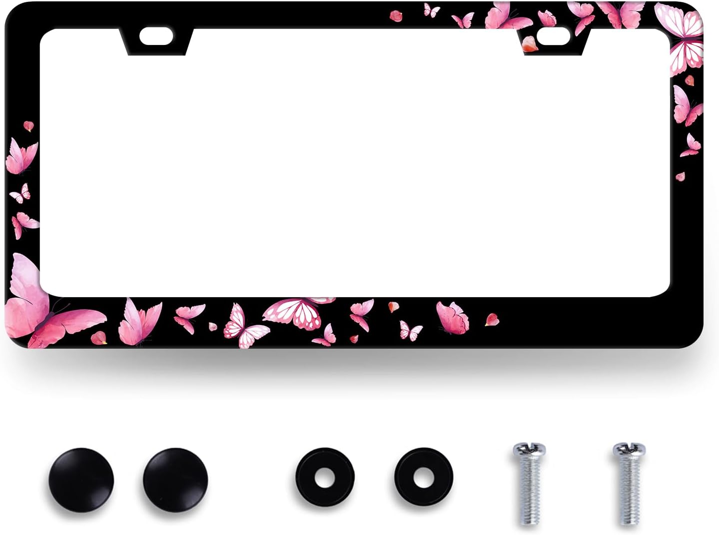 Butterfly License Plate Frame Pink Butterflies License Plate Stainless Steel Funny Accessories Cars Decor 12.2 X 6.2 Inch with 2 Holes and Screws Fits Standard Us Ca Vehicles