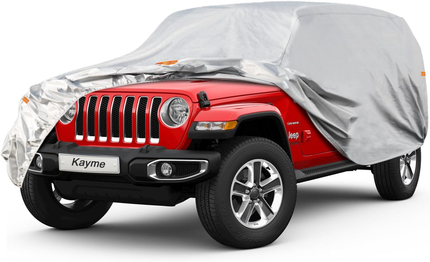 Kayme 6 Layers Car Cover Custom Fit for Jeep Wrangler 4 Dr/Unlimited 4 Door JK JL, Waterproof All Weather for Automobiles, Outdoor Full Cover Rain Sun UV Protection.Silver