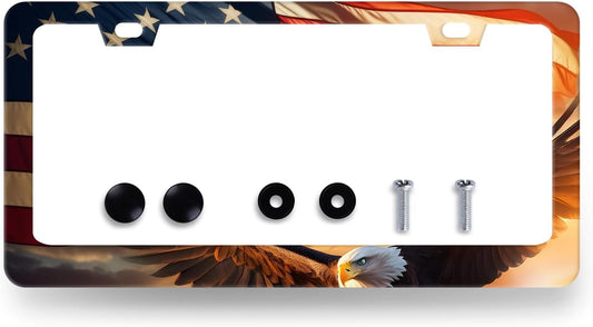 Patriotic Eagle License Plate Frame American Flag Eagle License Plate Holder Stainless Steel Colorful Car Accessories Decoration 6.3" X 12.3" with 2Holes Screws