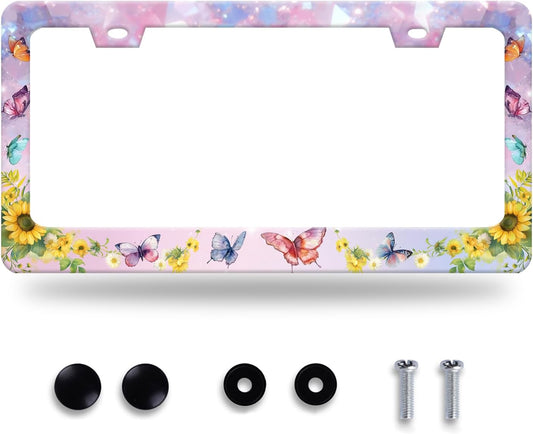 Beautiful Butterfly Sunflower License Plate Frame Yellow Floral License Plate Stainless Steel Funny License Plate Holder for Men Women Colorful Car Accessories Decoration 12.3" x 6.3"